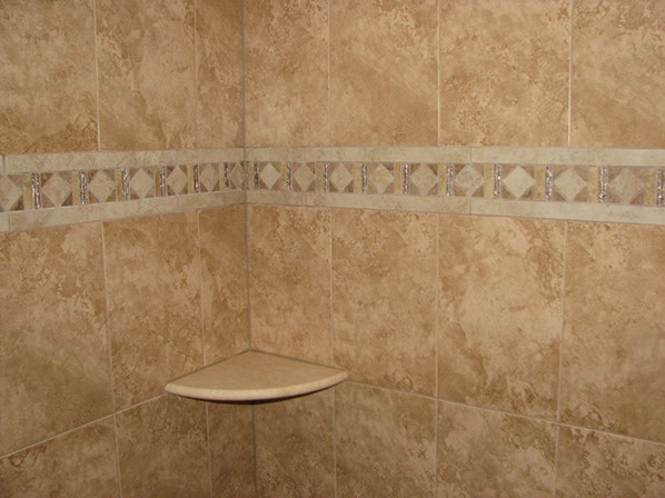 ceramic tile stall shower with mosaic strip and marble shelf-washington township,nj