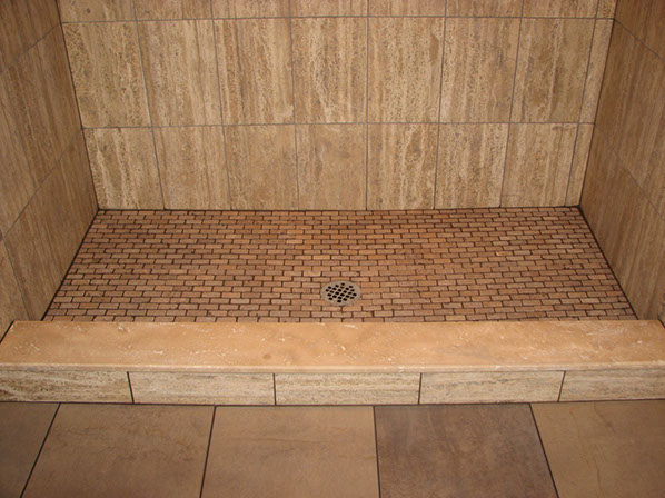 travertine tile stall shower with marble sill and travertine floor-voorhees,nj